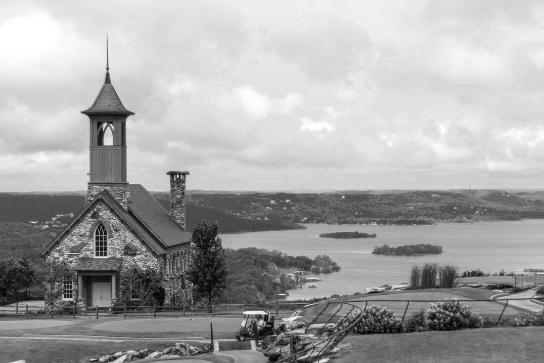 Noah Jigsaw Puzzle Stone church at top of the rock in Branson Missouri in black white 2000 pieces