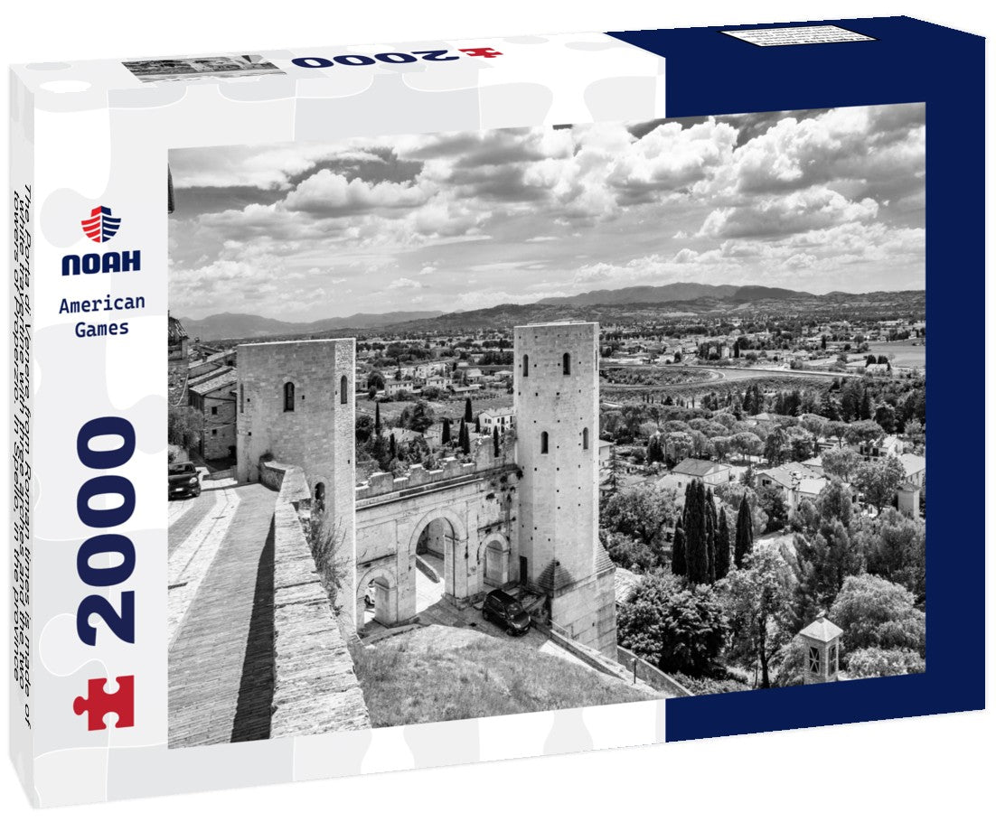 Noah Jigsaw Puzzle The Porta di Venere from Roman times is made of white travertine with three arches and the two towers of Properzio. In Spello, in the province of Perugia, Umbria, Italy in black white 2000 pieces