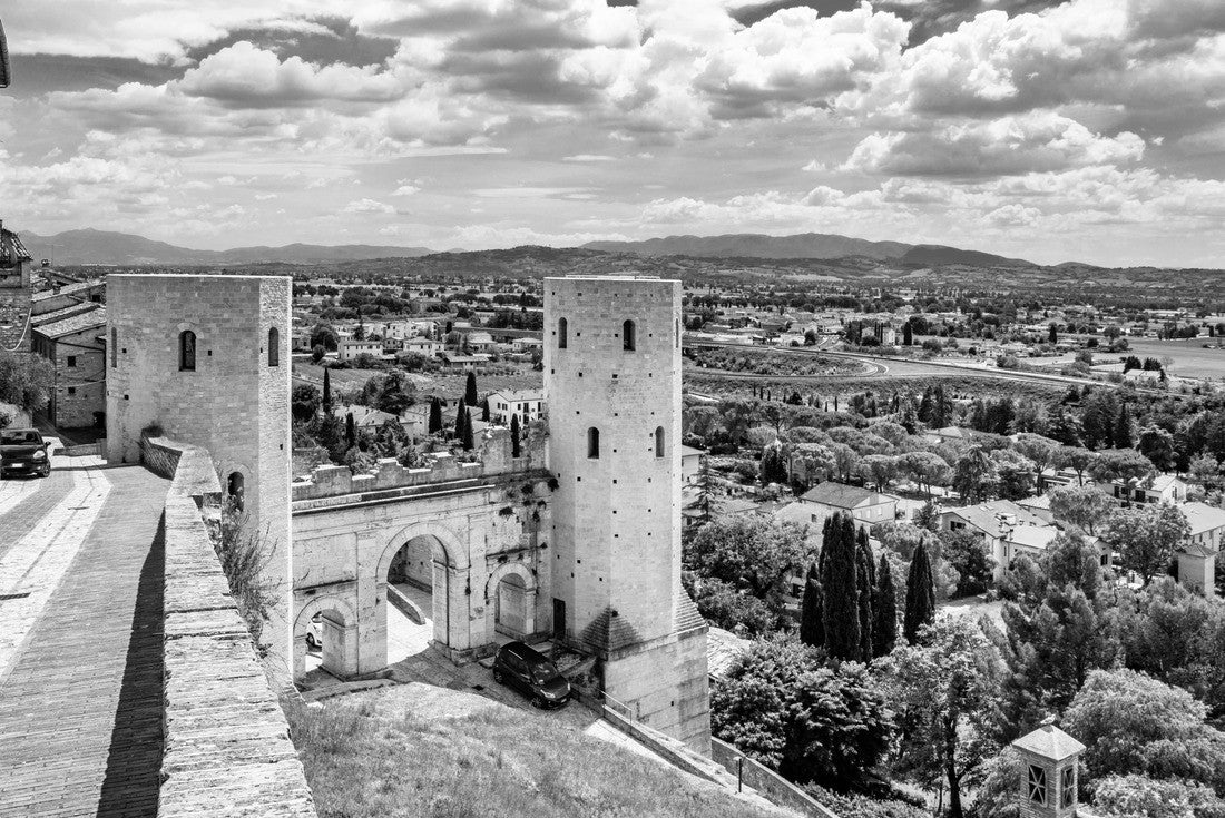 The Porta di Venere from Roman times is made of white travertine with three arches and the two towers of Properzio. In Spello, in the province of Perugia, Umbria, Italy 2000pc PuzzleBlack and White