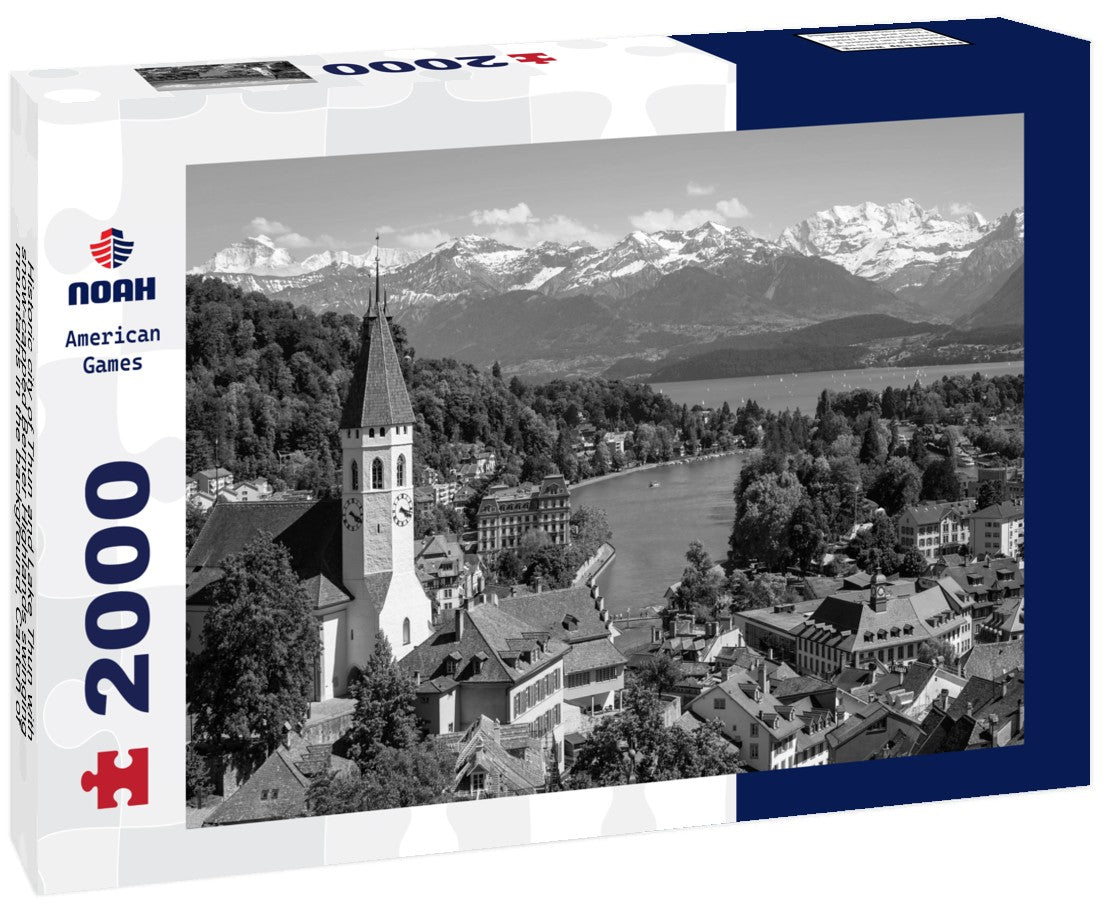Noah Jigsaw Puzzle Historic city of Thun and Lake Thun with snow-capped Berner Highlands swinging mountains in the background, Canton of Bern, Switzerland in black white 2000 pieces