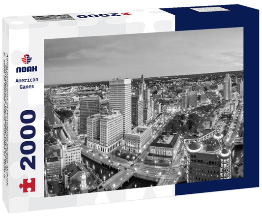 Noah Jigsaw Puzzle Aerial panorama of Providence skyline at dusk. Providence is the capital city of the U.S. state of Rhode Island. Founded in 1636 is one of the oldest cities in USA in black white 2000 pieces