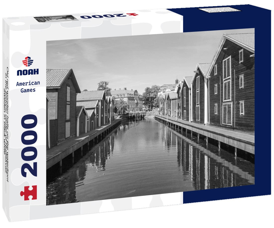 Old red wooden halls on the waterfront in the historic center of Hudiskvall, Sweden 2000pc PuzzleBlack and White