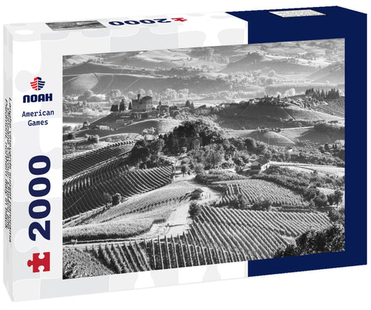 Noah Jigsaw Puzzle Langhe vineyards sunset panorama, Grinzane Cavour, Unesco site, Piedmont, northern Italy in black white 2000 pieces