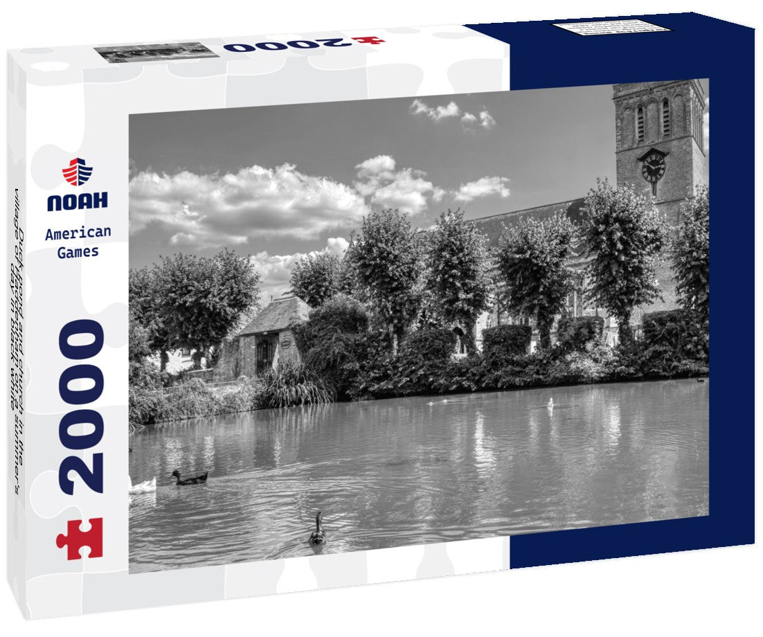 Duck pond and church in the village of Haddenham on a summer's day 2000pc PuzzleBlack and White