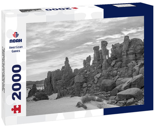 Noah Jigsaw Puzzle Sandstone pinnacles in the Sahara desert at sunset, Chad, Africa in black white 2000 pieces