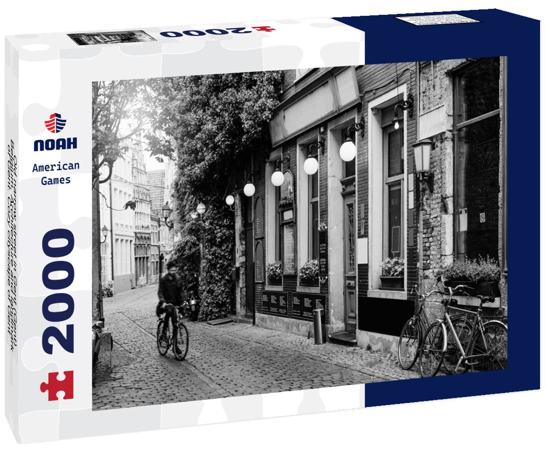 Noah Jigsaw Puzzle Old narrow street in Gent (Gent), Belgium. Architecture and landmark of Gent. Cozy cityscape of Gent in black white 2000 pieces