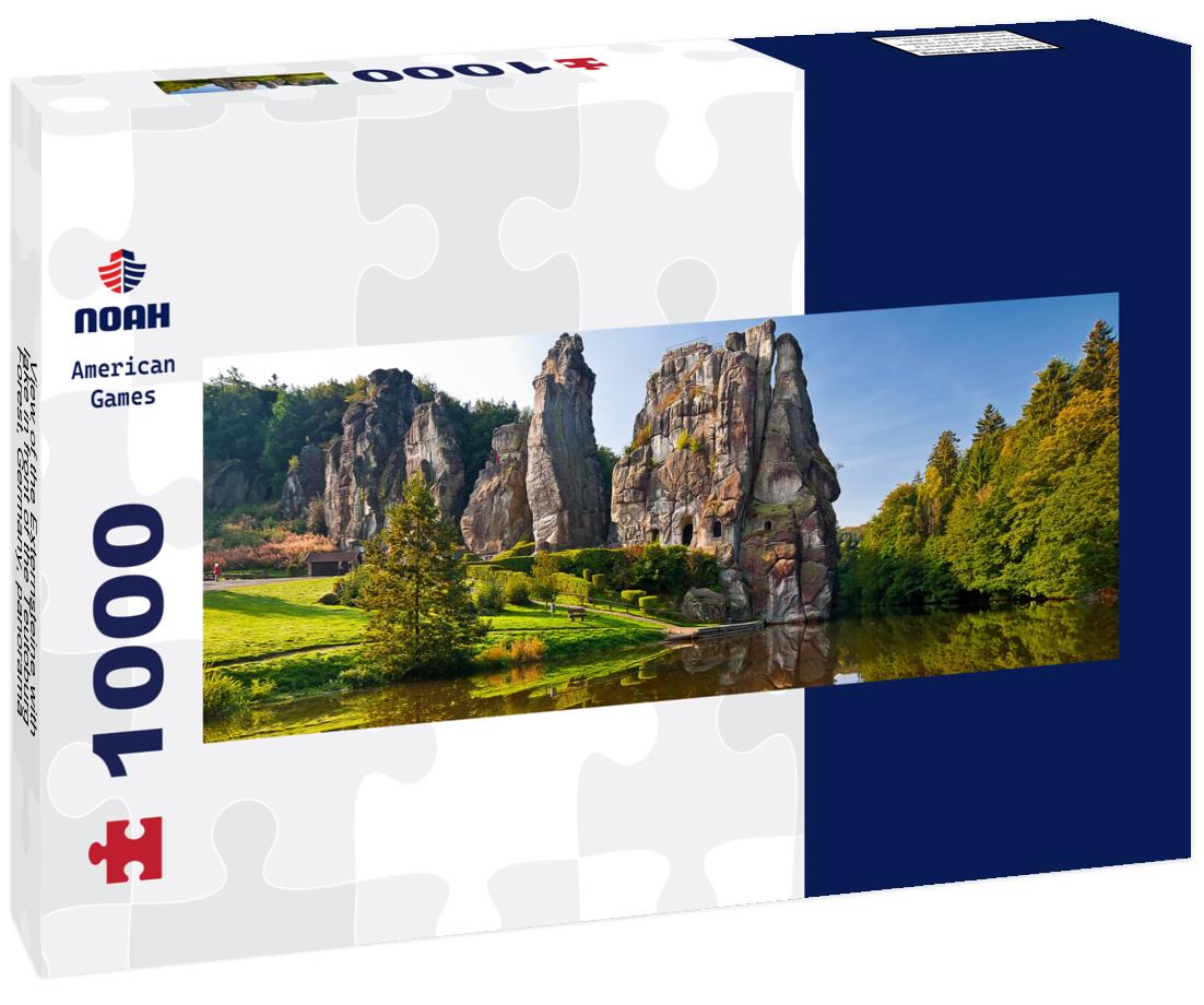 Noah Jigsaw Puzzle View of the Externsteine with lake in front of the Teutoburg Forest, Germany, panorama Panorama 1000 Pieces