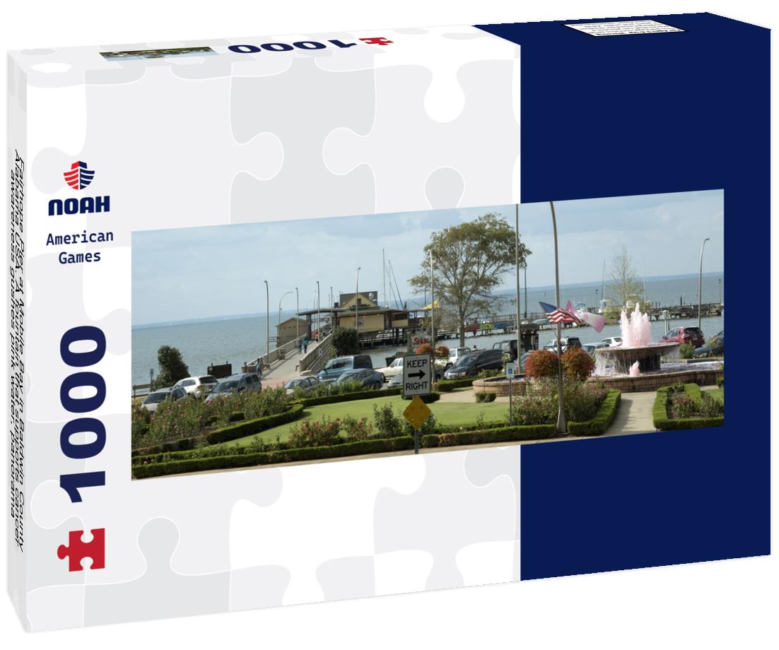 Noah Jigsaw Puzzle Fairhope Pier at Mobile Bay in Baldwin County Alabama USA. A fountain that supports cancer awareness gushes pink water, panorama Panorama 1000 Pieces