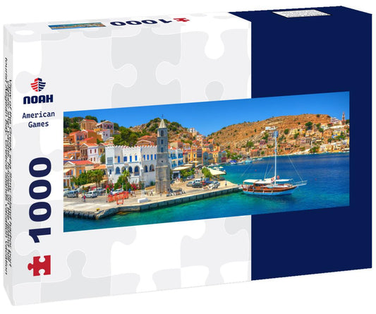 Noah Jigsaw Puzzle View of the Greek sea Simy island harbor port, classic ship yachts, houses on the island hill, tourist Aegean bay. Greece islands vacation vacation travel tours of Rhodes island. Greece architecture, panorama Panorama 1000 Pieces
