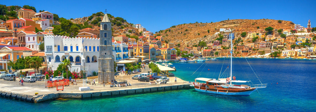 Noah Jigsaw Puzzle View of the Greek sea Simy island harbor port, classic ship yachts, houses on the island hill, tourist Aegean bay. Greece islands vacation vacation travel tours of Rhodes island. Greece architecture, panorama Panorama 1000 Pieces