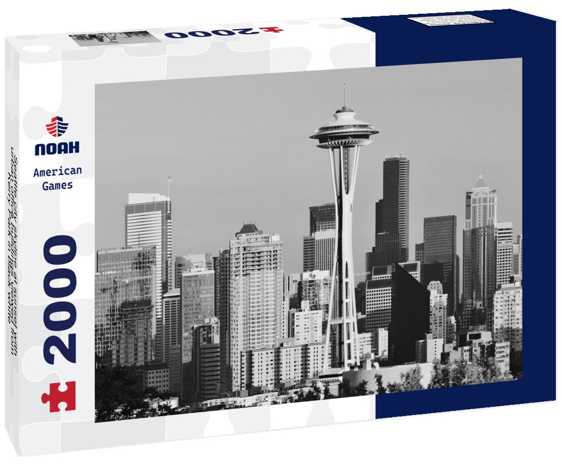 Noah Jigsaw Puzzle Seattle city skyline at sunset with urban office buildings viewed from Kerry Park in black white 2000 pieces