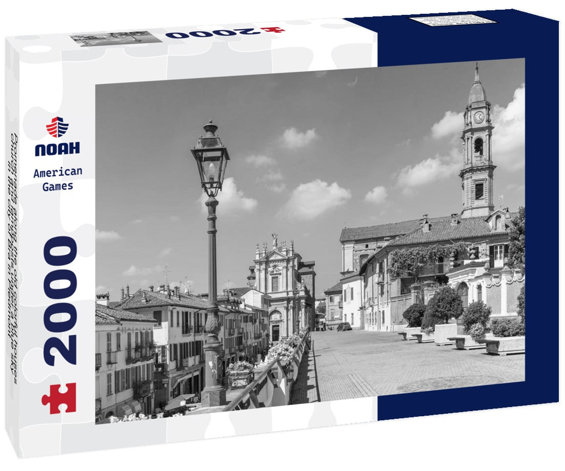 Promenade along the old colorful houses, church and lampposts under a blue sky in the city of Bra in Piedmont, northern Italy 2000pc PuzzleBlack and White