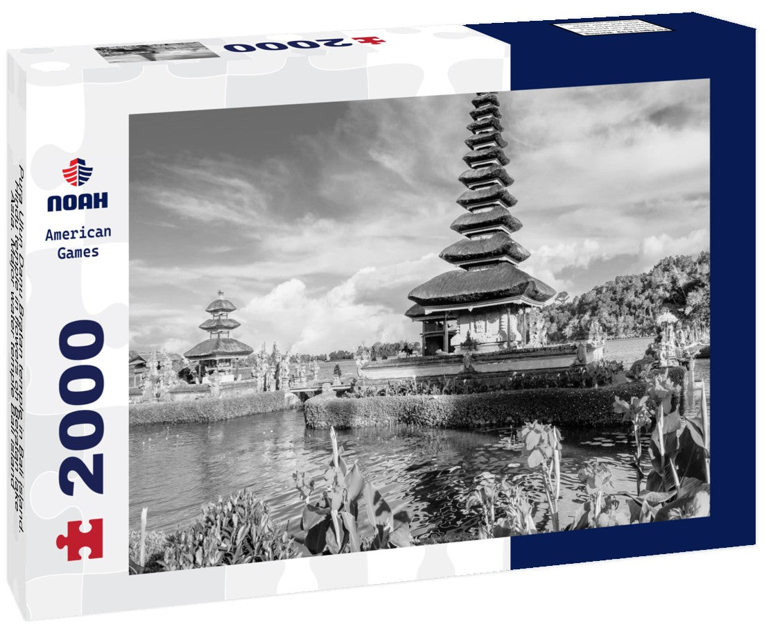 Noah Jigsaw Puzzle Pura Ulun Danu Bratan temple in Bali island. Hindu temple in flowers on Beratan lake, Asia. Major water temple Bali island, Indonesia. Hindu water temple - culture symbol of Indonesia, Asia landscape in black white 2000 pieces