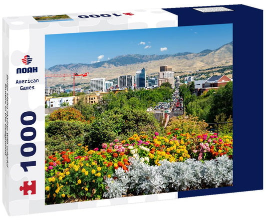 Noah Jigsaw Puzzle Boise Idaho skyline with colorful flowers in the foreground 1000 Pieces