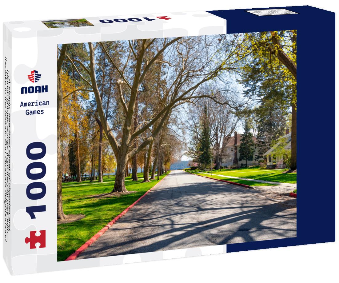 Noah Jigsaw Puzzle A shady, tree-lined street of Victorian and historic homes across from the city park with the lake in the historic Fort Grounds neighborhood of Coeur d'Alene, Idaho, USA 1000 Pieces
