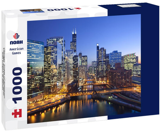 Noah Jigsaw Puzzle Chicago. Image of downtown Chicago and Chicago River with bridges at sunset 1000 Pieces