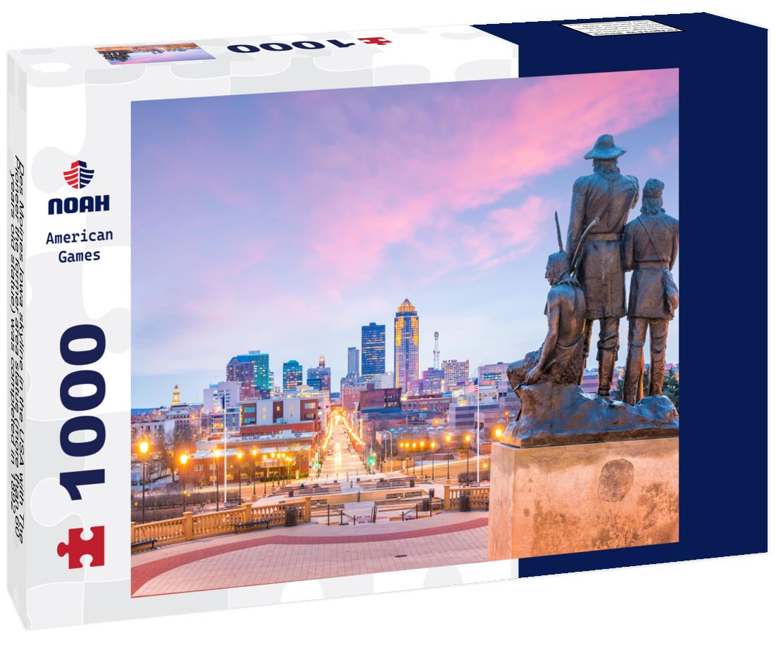 Noah Jigsaw Puzzle Des Moines Iowa skyline in the USA with The Pioneer the former area statue (more than 60 years old statue) was completed in 1892 1000 Pieces