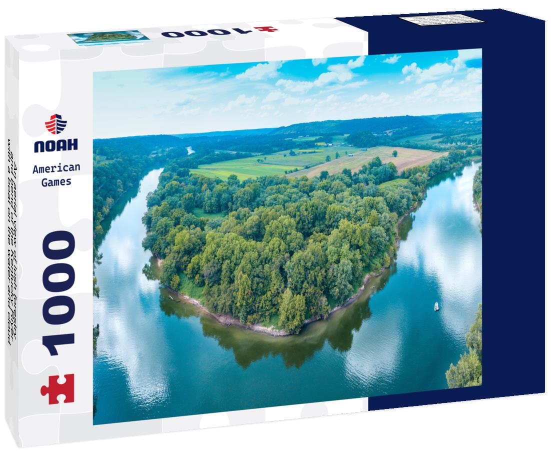 Noah Jigsaw Puzzle An aerial view of lush forestry and bend of the Kentucky River with a boat on the water and cloud reflections in the sky 1000 Pieces