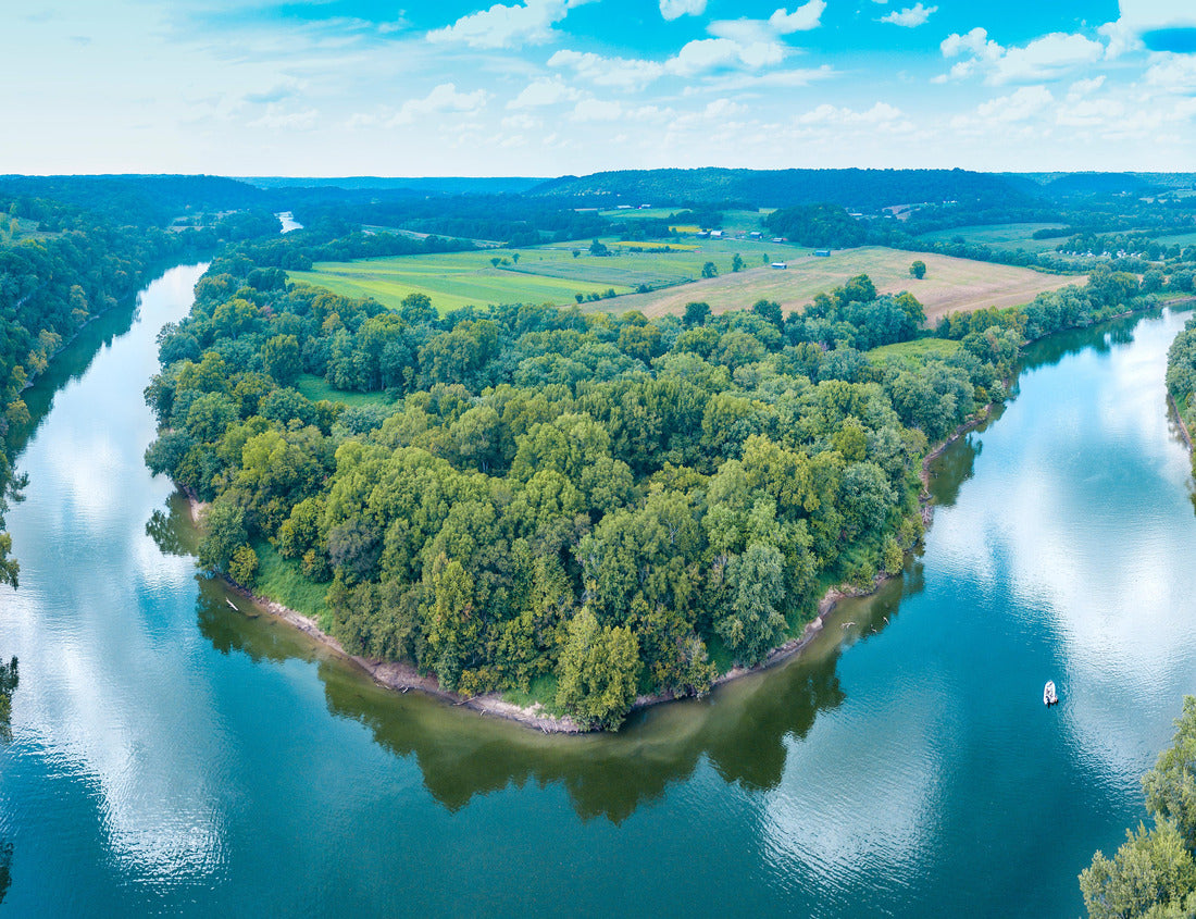 Noah Jigsaw Puzzle An aerial view of lush forestry and bend of the Kentucky River with a boat on the water and cloud reflections in the sky 1000 Pieces