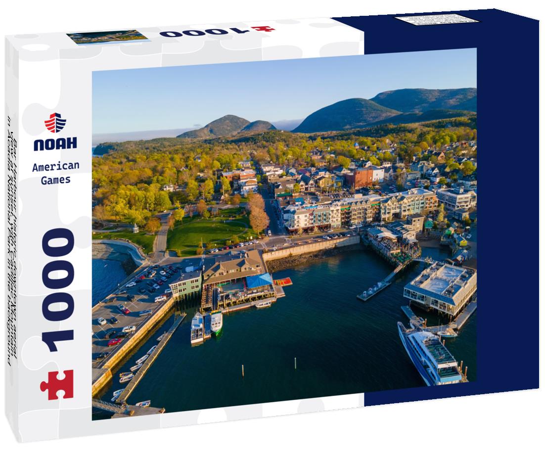 Noah Jigsaw Puzzle Bar Harbour historic downtown aerial view at sunset, with Cadillac Mountain in Acadia National Park in the background, Bar Harbour, Maine ME, USA 1000 Pieces