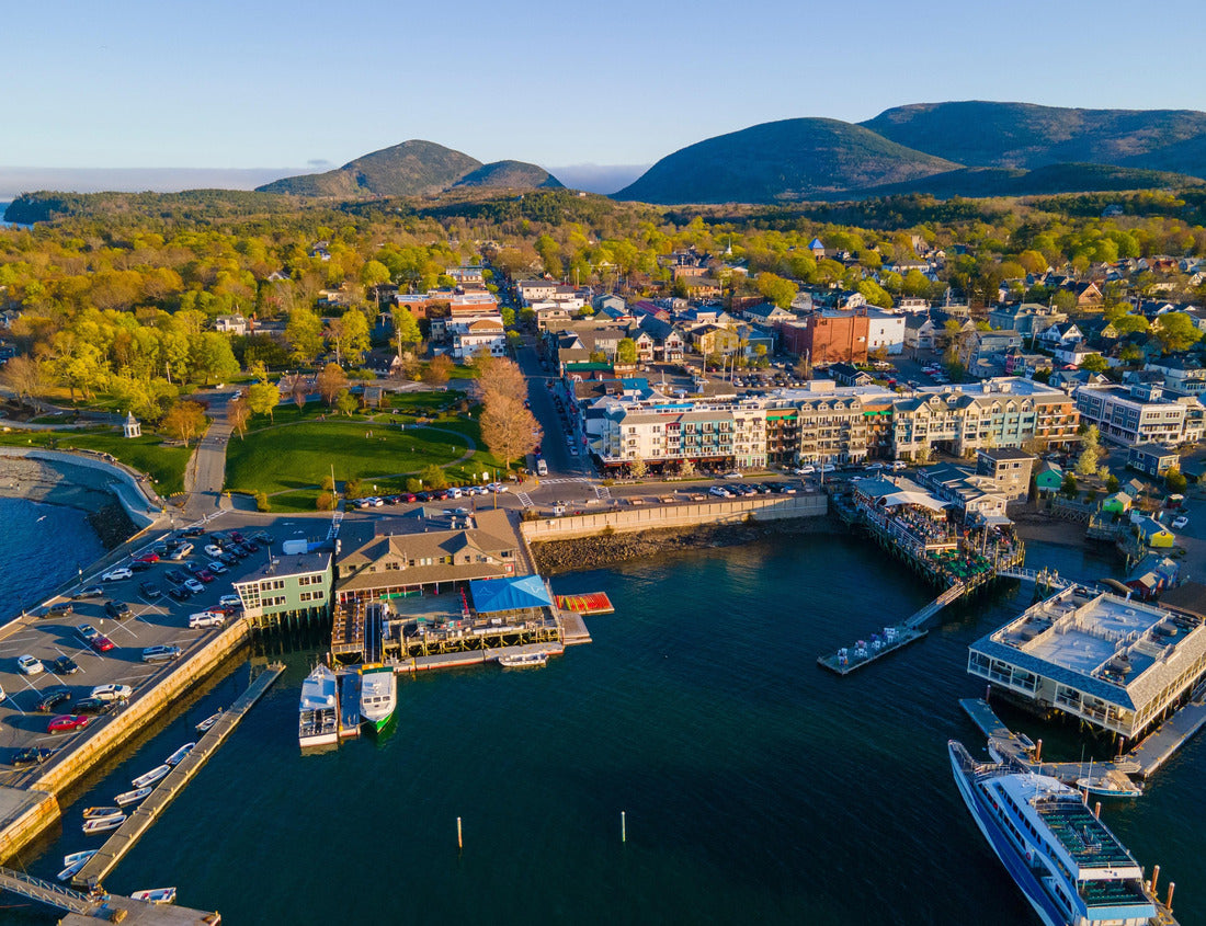 Noah Jigsaw Puzzle Bar Harbour historic downtown aerial view at sunset, with Cadillac Mountain in Acadia National Park in the background, Bar Harbour, Maine ME, USA 1000 Pieces