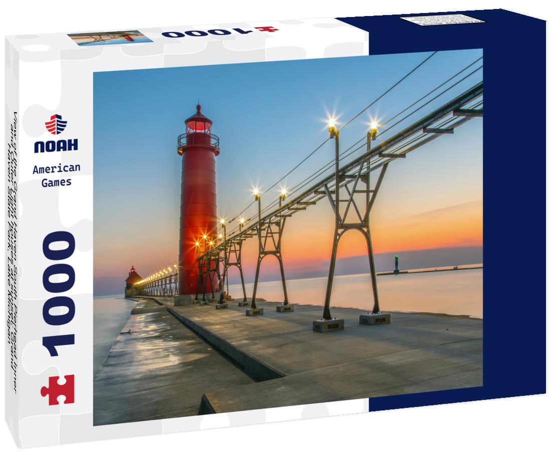 Noah Jigsaw Puzzle View of the Grand Haven South Pierhead Inner and Outer Light houses at sunset; Grand Haven State Park, Lake Michigan 1000 Pieces