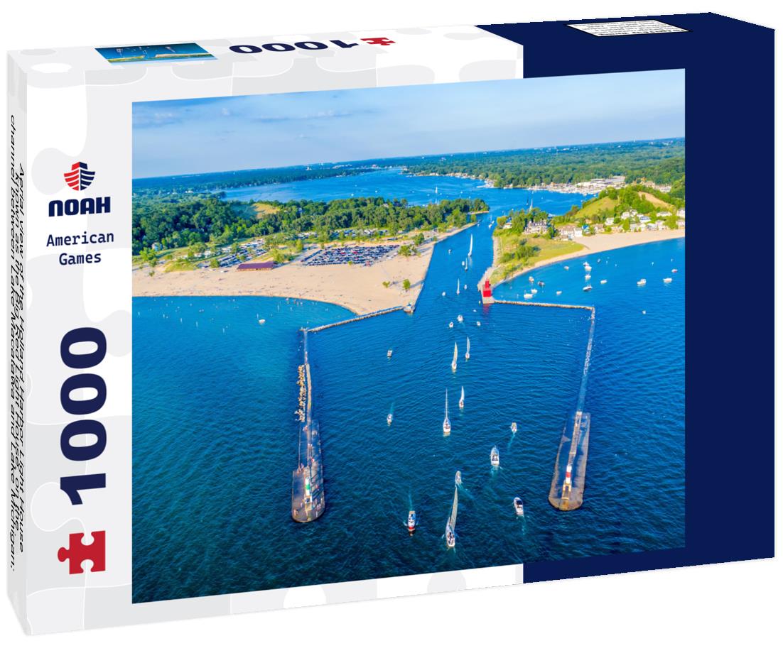 Noah Jigsaw Puzzle Aerial view of the Holland Harbor Light House, known as the "Big Red Light House", on the channel between Lake Macatawa and Lake Michigan; Holland State Park, Michigan 1000 Pieces