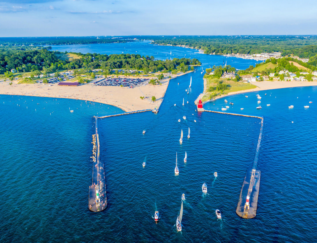 Noah Jigsaw Puzzle Aerial view of the Holland Harbor Light House, known as the "Big Red Light House", on the channel between Lake Macatawa and Lake Michigan; Holland State Park, Michigan 1000 Pieces