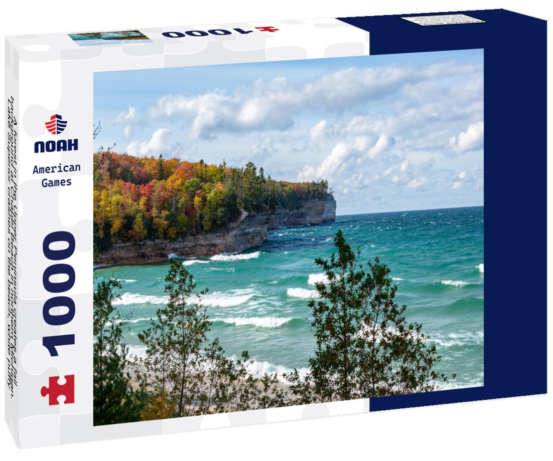 Noah Jigsaw Puzzle A forest in the Upper Peninsula creates a fall background at Chapel Beach in northern Michigan. Lake Superior crashes on the beach, white puffy clouds obscure the blue sky 1000 Pieces