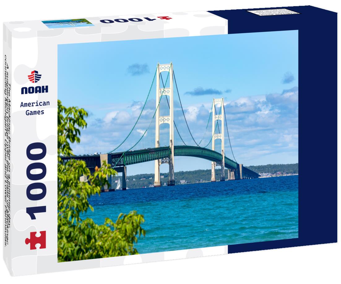Noah Jigsaw Puzzle The Mackinac Bridge on a summer day. A suspension bridge over the Straits of Mackinac, connecting Michigan's Upper and Lower Peninsulas. Puffy clouds in the blue sky 1000 Pieces