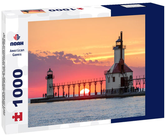 Noah Jigsaw Puzzle In the summer solstice, the sun rises on Lake Michigan between the lighthouses of the inner and outer north in St. Joseph, Michigan 1000 Pieces