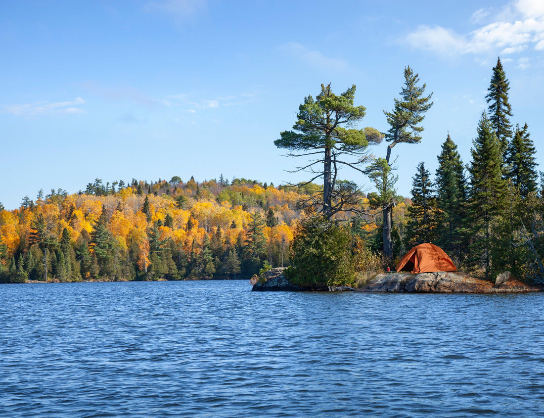 Noah Jigsaw Puzzle Orange tent on the rocky beach of an island on a trout lake in northern Minnesota in fall 1000 Pieces