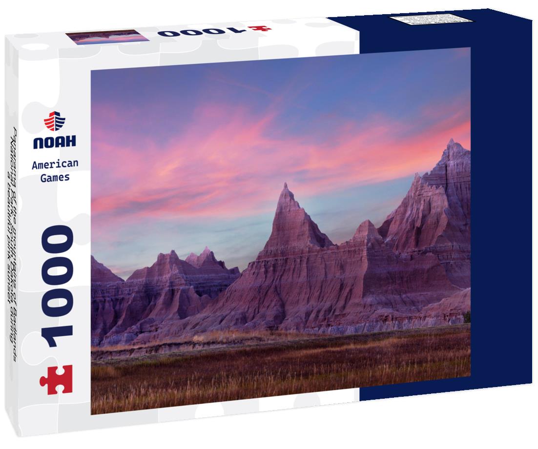 Noah Jigsaw Puzzle Panarama of the mountains of Badlands National Park, South Dakota during a beautiful pink sunset 1000 Pieces