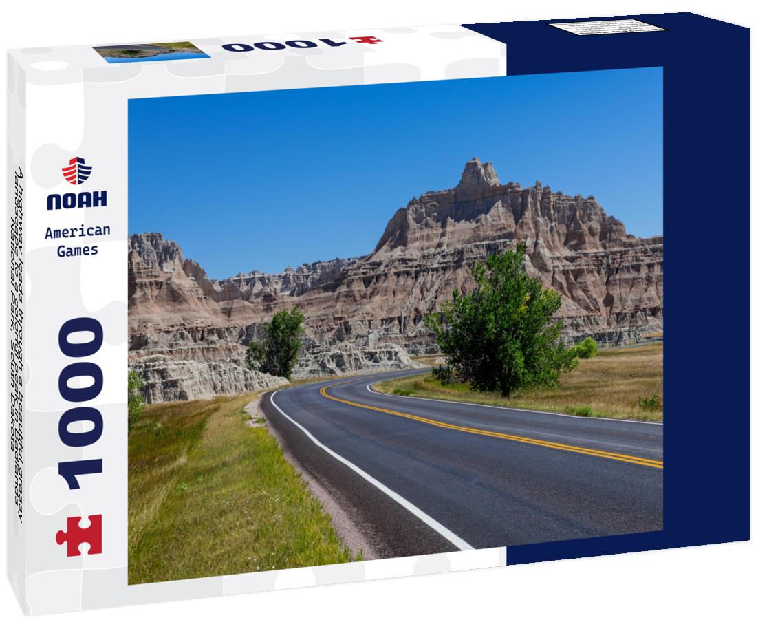 Noah Jigsaw Puzzle A highway leads through a beautiful grassy landscape to a colorful peak in Badlands National Park, South Dakota 1000 Pieces