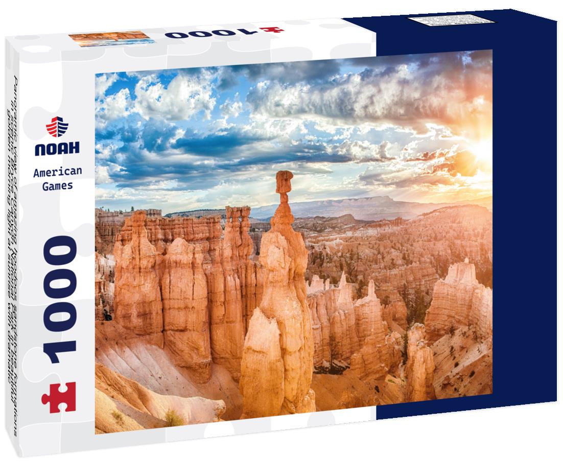 Noah Jigsaw Puzzle Panoramic view of amazing hoodoos sandstone formations in scenic Bryce Canyon National Park in beautiful golden morning light at sunrise with dramatic sky and blue sky, Utah, USA 1000 Pieces
