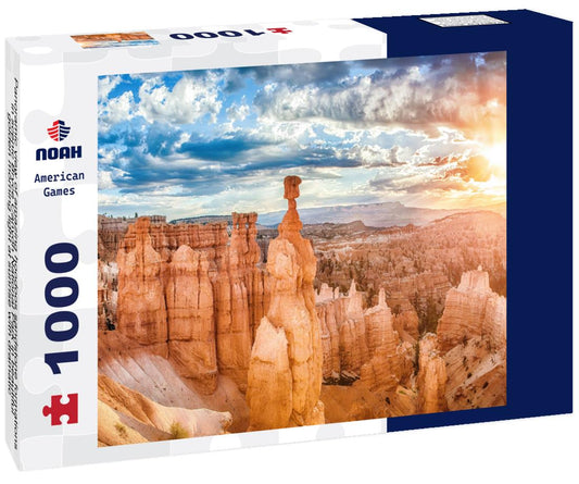 Noah Jigsaw Puzzle Panoramic view of amazing hoodoos sandstone formations in scenic Bryce Canyon National Park in beautiful golden morning light at sunrise with dramatic sky and blue sky, Utah, USA 1000 Pieces