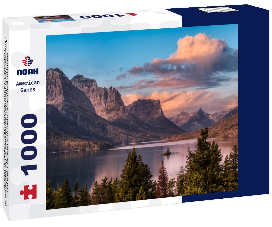 Noah Jigsaw Puzzle Beautiful Panoramic View of a Glacier Lake with American Rocky Mountain Landscape in the background. Dramatic Colorful Sunrise Sky. Taken in Glacier National Park, Montana, United States 1000 Pieces