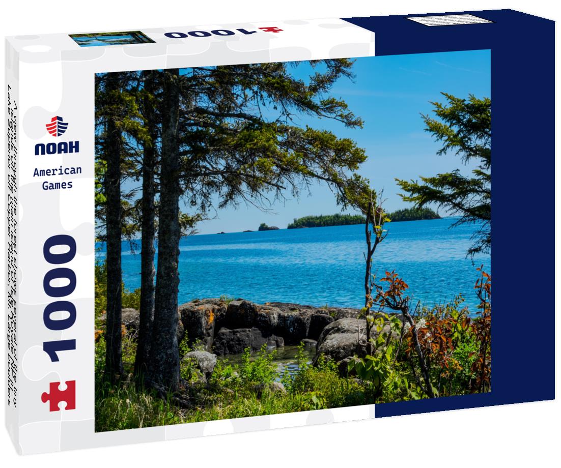 Noah Jigsaw Puzzle A view through the forest shows several of the tiny islands off the main island of Isle Royale NP in Lake Superior off Copper Harbor, MI. Large boulders surround a little water pool on shoreline 1000 Pieces