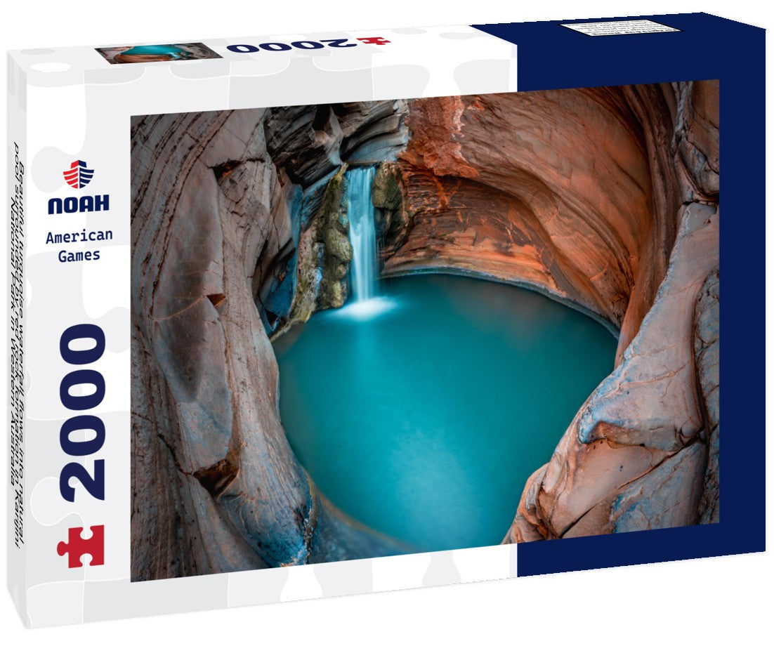 Beautiful turquoise waterfall flows into natural pool surrounded by red rock formation in Karijini National Park in Western Australia 2000pc Puzzle