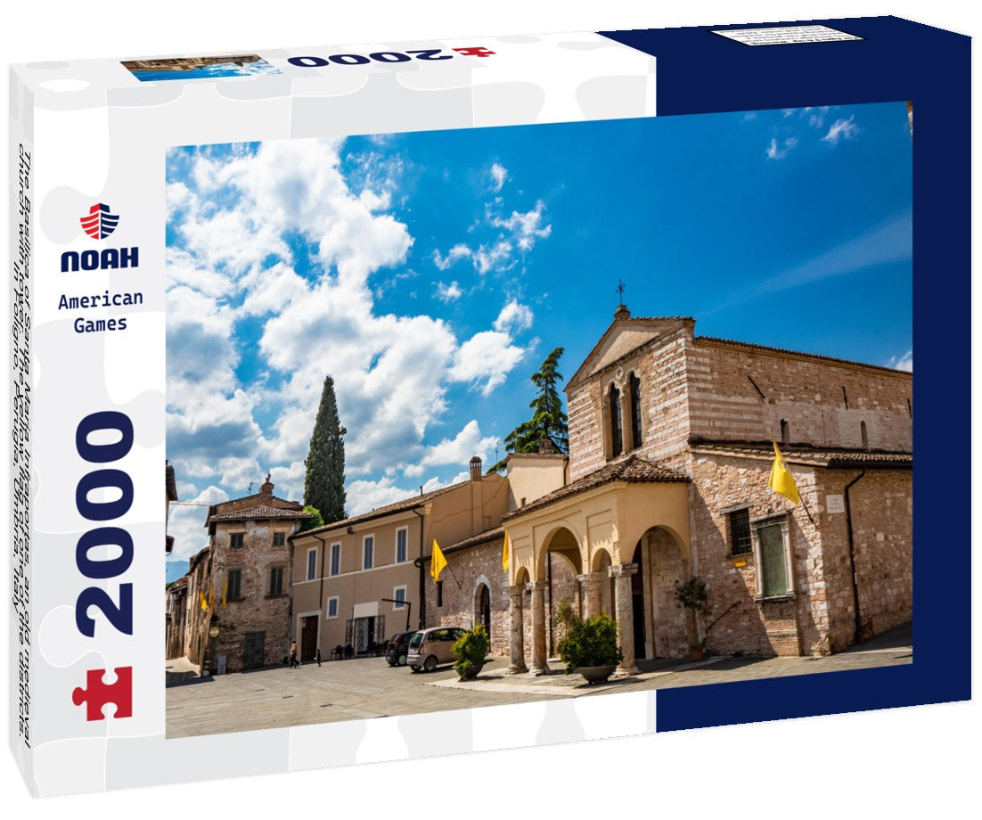 Noah Jigsaw Puzzle The Basilica of Santa Maria Infraportas, an old medieval church with tower. The yellow flag of one of the districts. In Foligno, Perugia, Umbria, Italy 2000 pieces