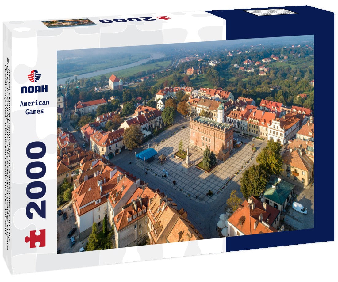 Aerial skyline  Sandomierz old city, Poland, in sunrise light. Old town with market square, Gothic city hall, medieval castle on the left and Vistula River in morning fog in the background 2000pc Puzzle