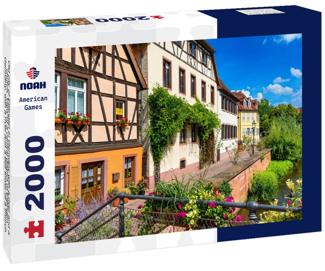 Old city of Ettlingen in Germany with a river and a church. View of a central district of Ettlingen, Germany, with a river and a bell tower of a church 2000pc Puzzle
