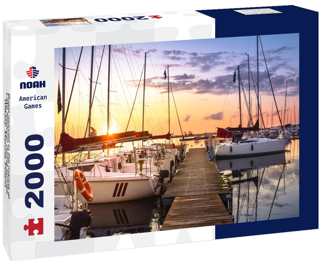 Boats moored in the marina at Lake Niegocin during sunrise. Wilkasy, Masuria, Poland 2000pc Puzzle