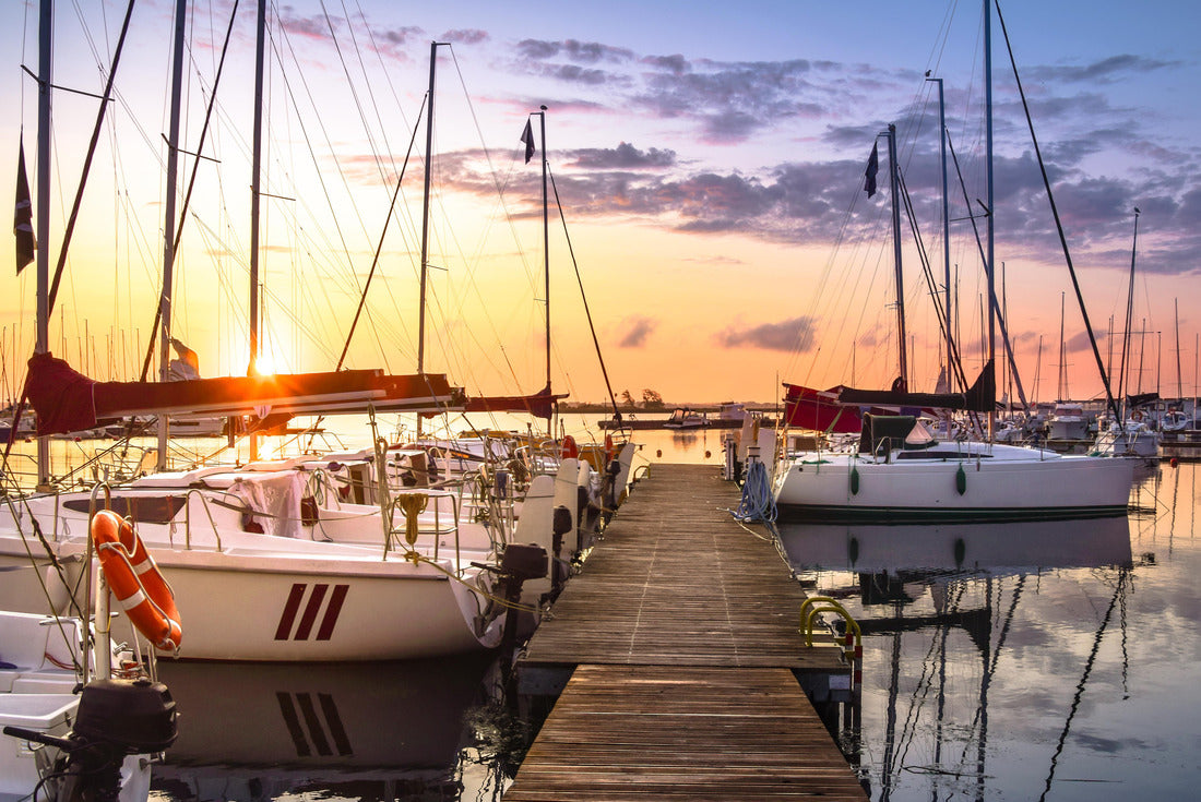 Boats moored in the marina at Lake Niegocin during sunrise. Wilkasy, Masuria, Poland 2000pc Puzzle