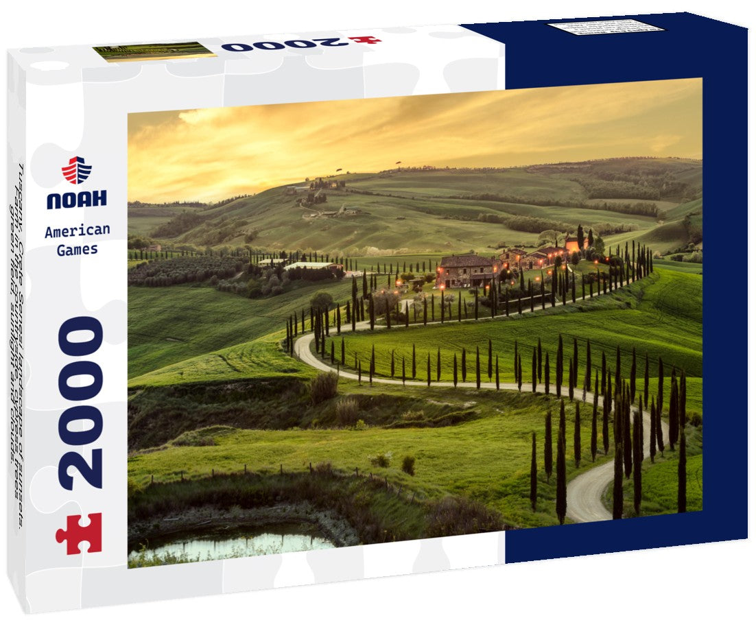 Tuscany, Crete Senesi landscape of sunsets. Farm in the countryside, cypress trees, green field, sunlight and clouds. Italy 2000pc Puzzle