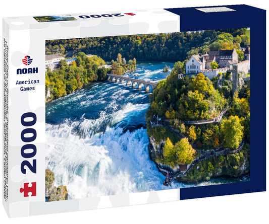 Noah Jigsaw Puzzle Rhine Falls or Rheinfall, Switzerland panoramic view. Tourist boat in the waterfall. Bridge and border between the cantons of Schaffhausen and Zurich. Laufen Castle, Laufen-Uhwiesen on the mountain top 2000 pieces
