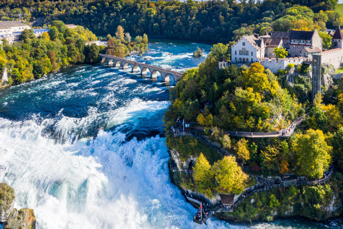 Noah Jigsaw Puzzle Rhine Falls or Rheinfall, Switzerland panoramic view. Tourist boat in the waterfall. Bridge and border between the cantons of Schaffhausen and Zurich. Laufen Castle, Laufen-Uhwiesen on the mountain top 2000 pieces