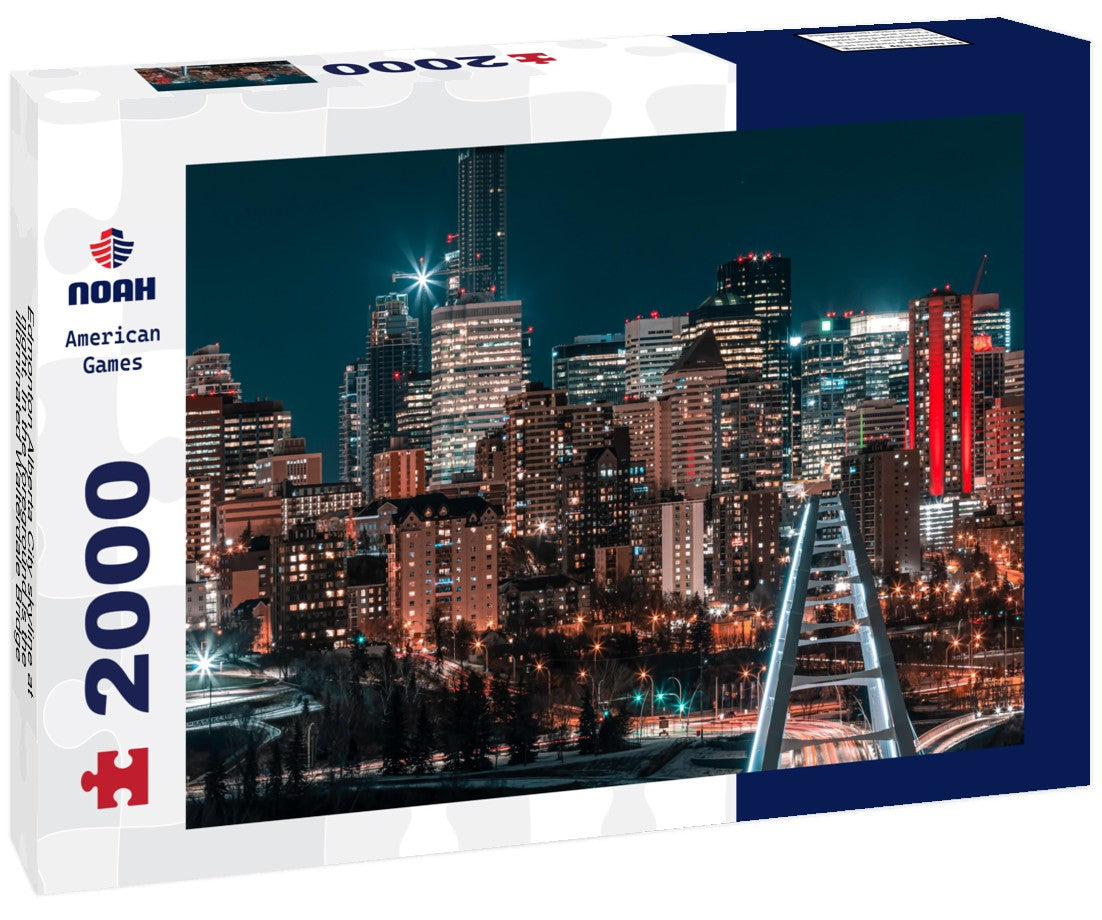 Noah Jigsaw Puzzle Edmonton Alberta City skyline at night. In the foreground is the illuminated Walterdale Bridge 2000 pieces