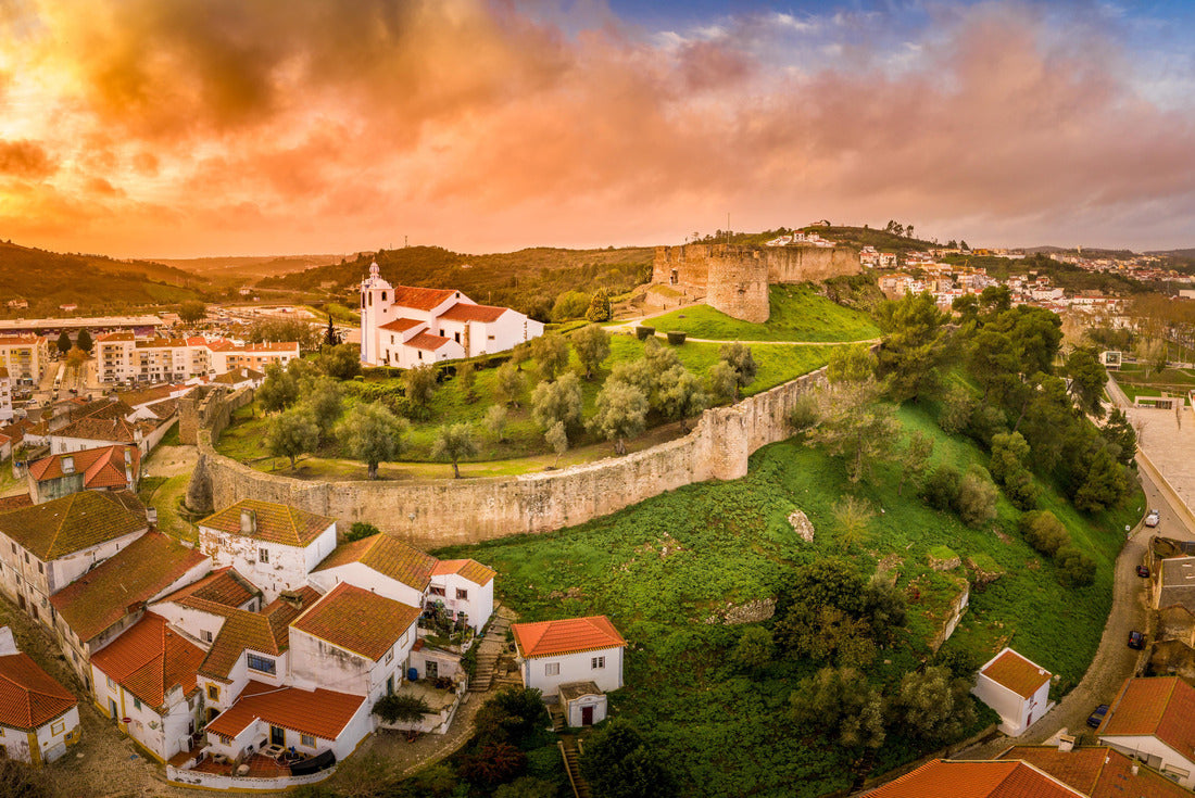 Stunning aerial sunset  the medieval castle with Moorish origins in Torres Vedras Portugal with restored castle church and keep 2000pc Puzzle