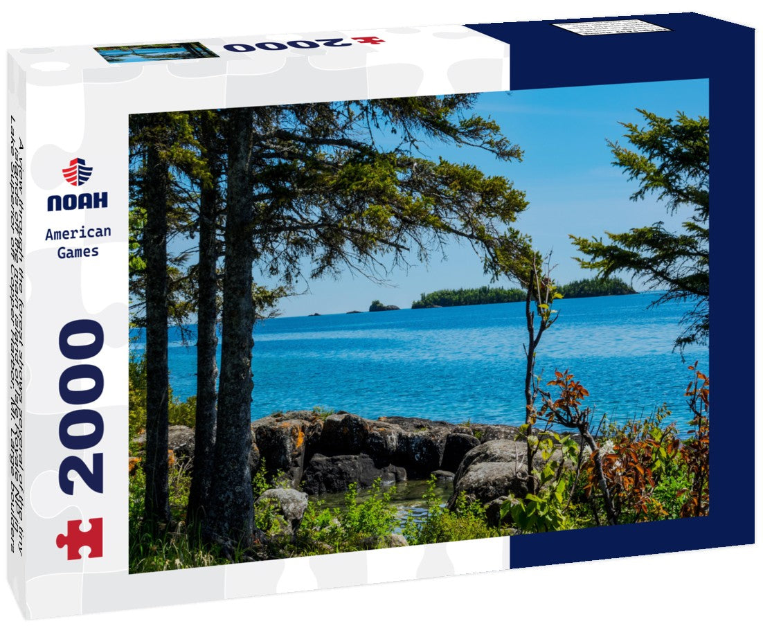 A view through the forest shows several of the tiny islands off the main island of Isle Royale NP in Lake Superior off Copper Harbor, MI. Large boulders surround a little water pool on shoreline 2000pc Puzzle